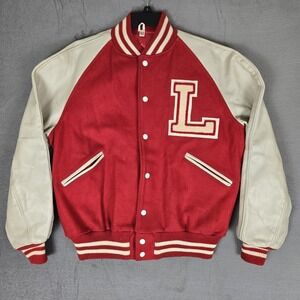 VTG 60s Butwin Varsity Jacket Mens 44 Red White Wool Leather Bomber "L" *READ